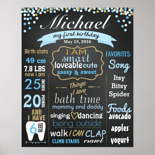 First 1st Birthday Chalkboard sign confetti gold Poster (Vorne)