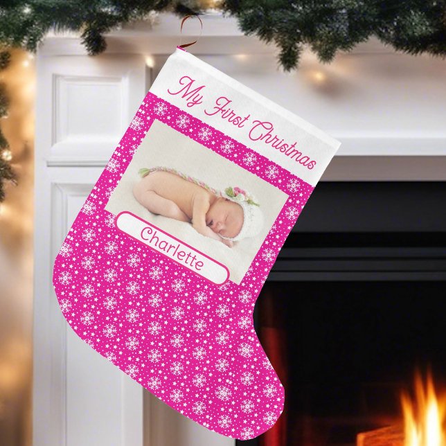First Baby Girl's Foto Name Rosa Schnee Großer Weihnachtsstrumpf (Von Creator hochgeladen)