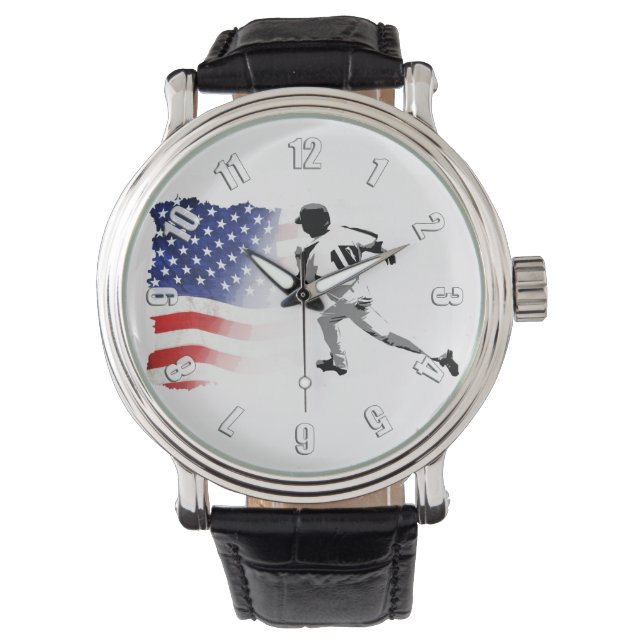 First Base Run - Baseball Player und US-Flagge Armbanduhr (Vorderseite)
