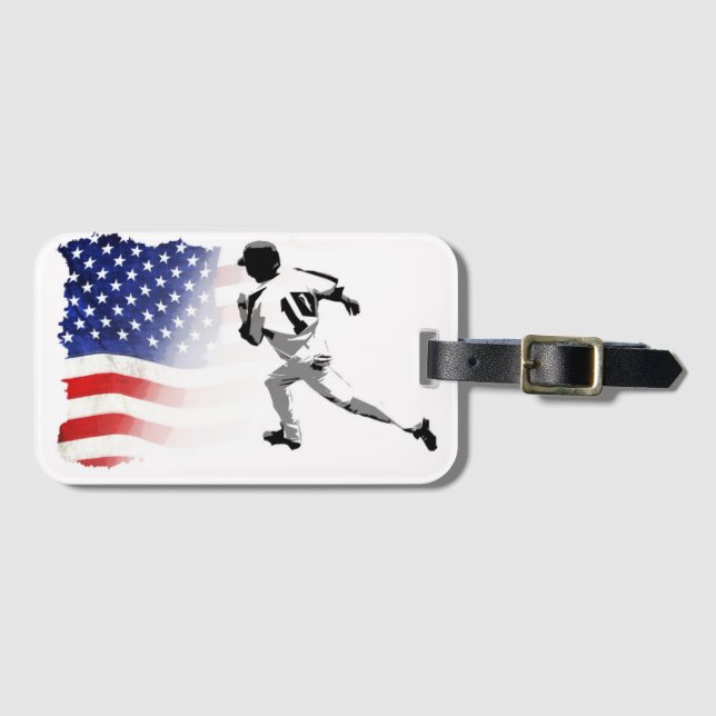 First Base Run - Baseball Player und USA Flag Gepäckanhänger (Vorderseite (Horizontal))