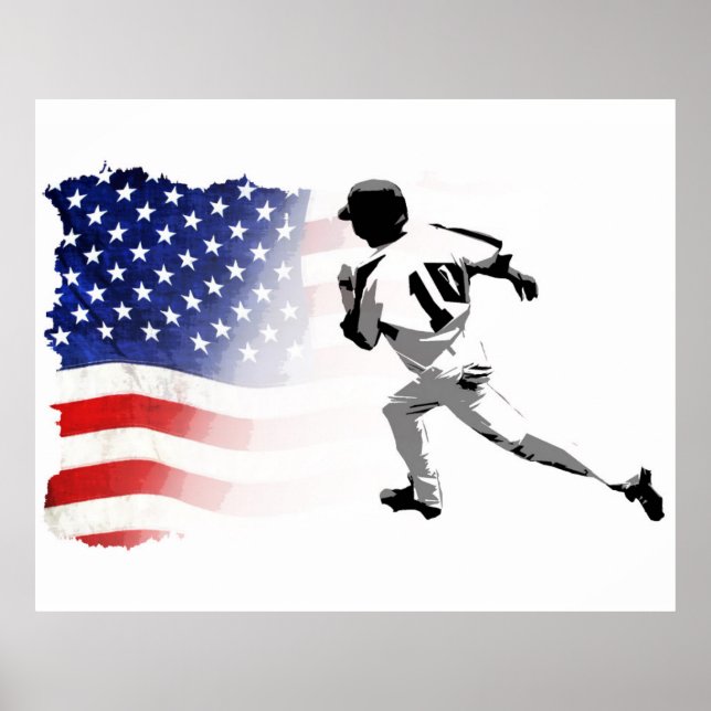First Base Run - Baseball Player und USA Flag Poster (Vorne)