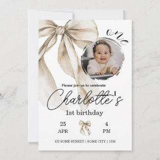 First Birthday Beige Bow Neutral Invitation Photo Einladung