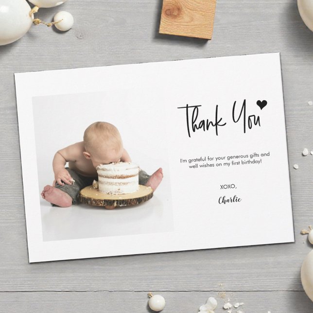 First Birthday Custom Photo Modern handlettering  Dankeskarte (Photo first birthday thank you for coming to my party card templates.)