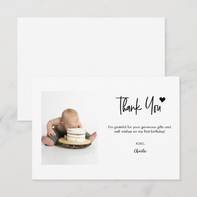 First Birthday Custom Photo Modern script note  Dankeskarte (Vorne/Hinten)
