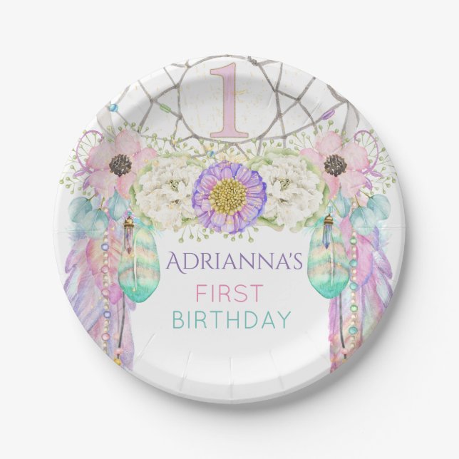 First Birthday Dream Catcher Boho Feathers Pappteller (Vorderseite)
