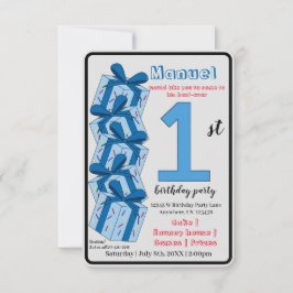 First Birthday Invitation Custom Blue Gift Theme Einladung