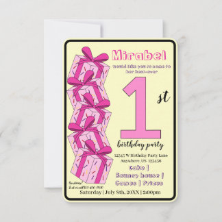 First Birthday Invitation Custom Pink Gift Theme  Einladung