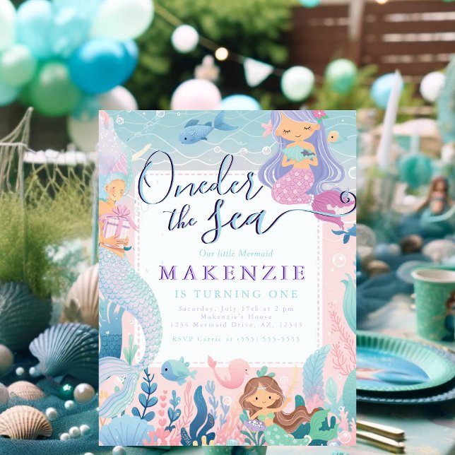 First Birthday Mermaid Postkarte (First Birthday Unser the sea invitations postcard.)