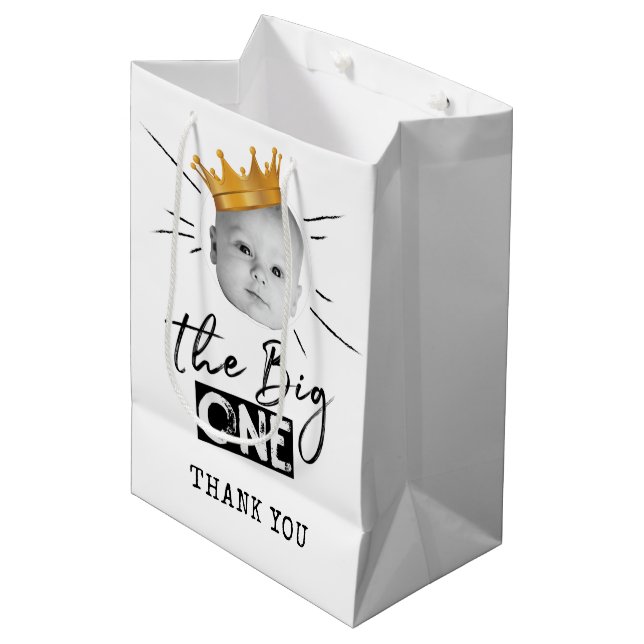 First Birthday Modern Foto Schwarz-weiß Vielen Dan Mittlere Geschenktüte