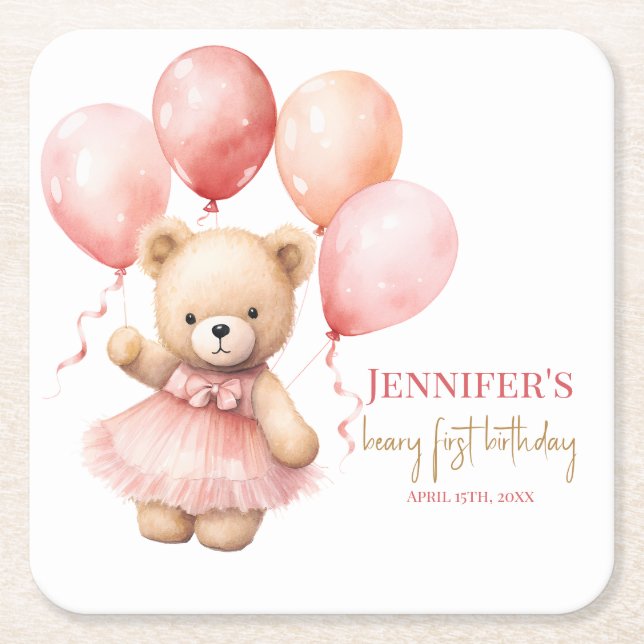 First Birthday Paper Coasters – Watercolor Teddy  Rechteckiger Pappuntersetzer (Vorderseite)