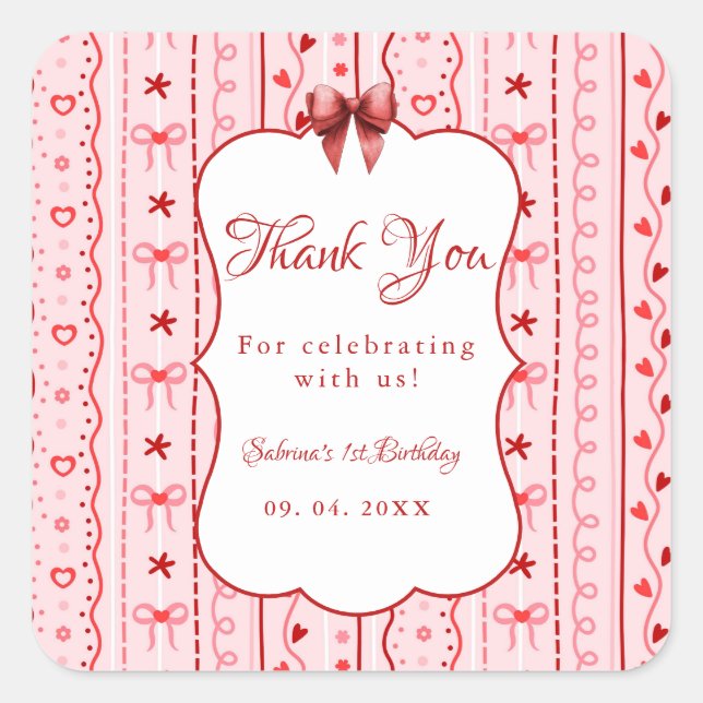 First Birthday valentine baby birthday party Quadratischer Aufkleber (Vorderseite)