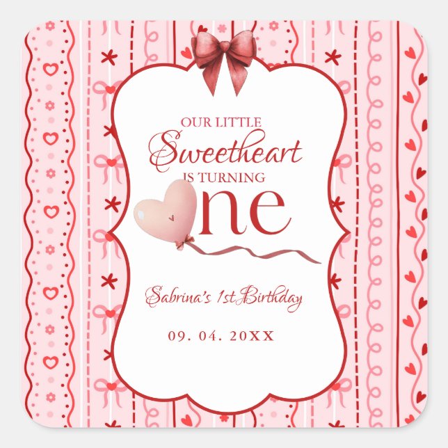 First Birthday valentine baby birthday party Quadratischer Aufkleber (Vorderseite)