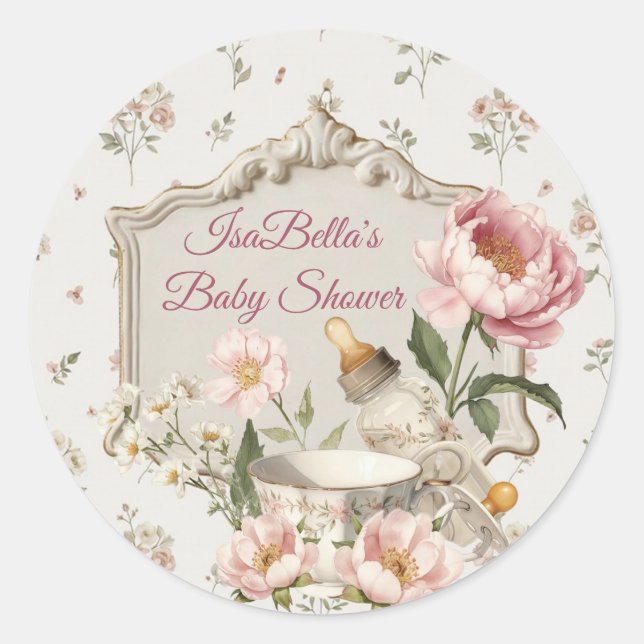 First Bloom Baby Shower Classic Round Sticker (Vorderseite)