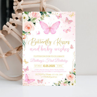 First Butterfly Kisses Pink Butterfly Geburtstag Einladung