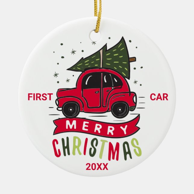 First Car Merry Christmas Red Car Tree Custom Text Keramik Ornament (Vorne)