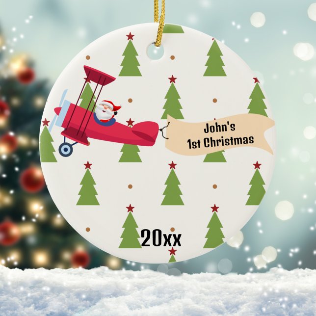 First Christmas Airplane & Santa Trees Boy Custom Keramik Ornament (Von Creator hochgeladen)
