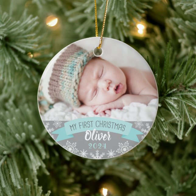 First Christmas Aqua Blue Baby Boy Foto Keramik Ornament (Baum)