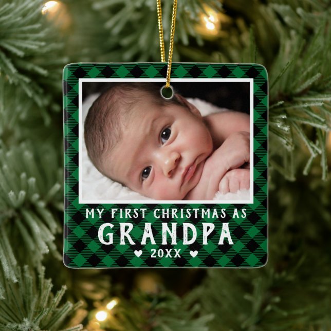 First Christmas as Grandpa Baby Photo Plaid Keramikornament (Baum)