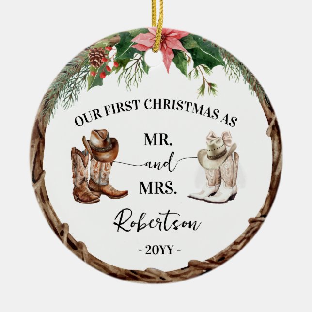 First Christmas as Mr & Mrs Western Cowboy Cowgirl Keramik Ornament (Vorne)