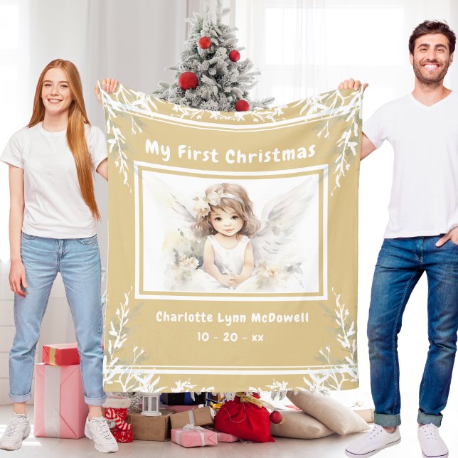 First Christmas Baby Angel Gold & White Christmas Fleecedecke (First Christmas Baby Angel Gold & White Christmas Fleece Blanket)