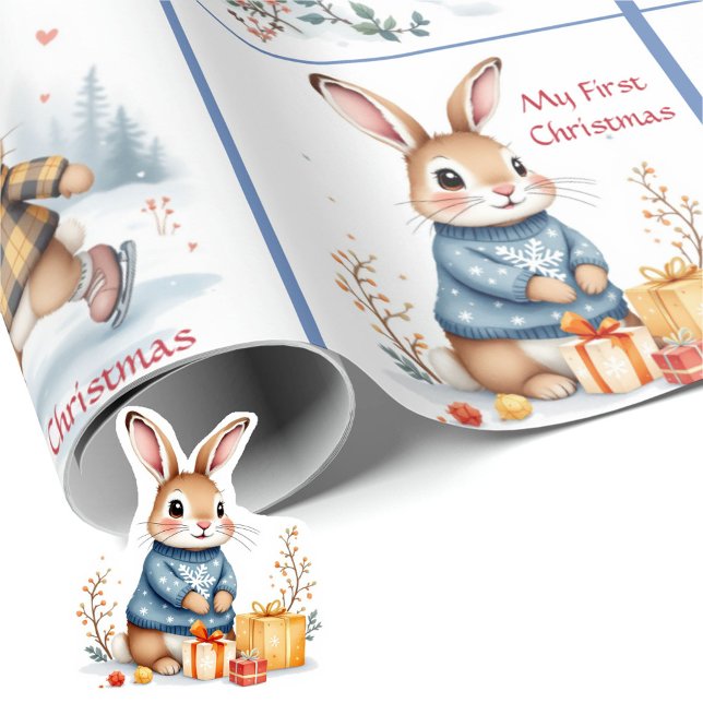 First Christmas Baby Boy's Name Winter Bunnies Geschenkpapier (Von Creator hochgeladen)