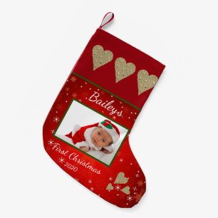 First Christmas Baby Foto Gold Heart Red Kleiner Weihnachtsstrumpf