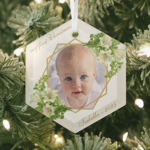 First Christmas Baby Foto Gold White Lilies Ornament Aus Glas