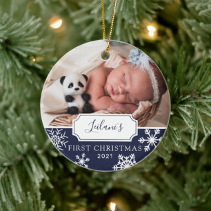 First Christmas Baby Foto Navy Blue Keramik Ornament