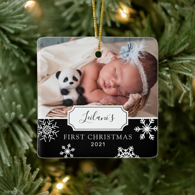 First Christmas Baby Foto Snow Black Keramikornament (Baum)
