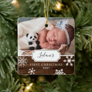 First Christmas Baby Foto Snow Wood Keramikornament