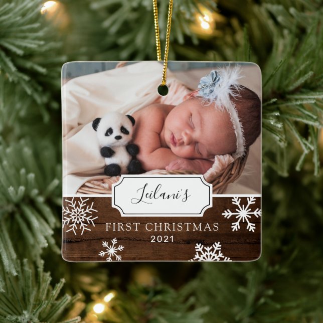 First Christmas Baby Foto von Snow Wood Keramikornament (Baum)