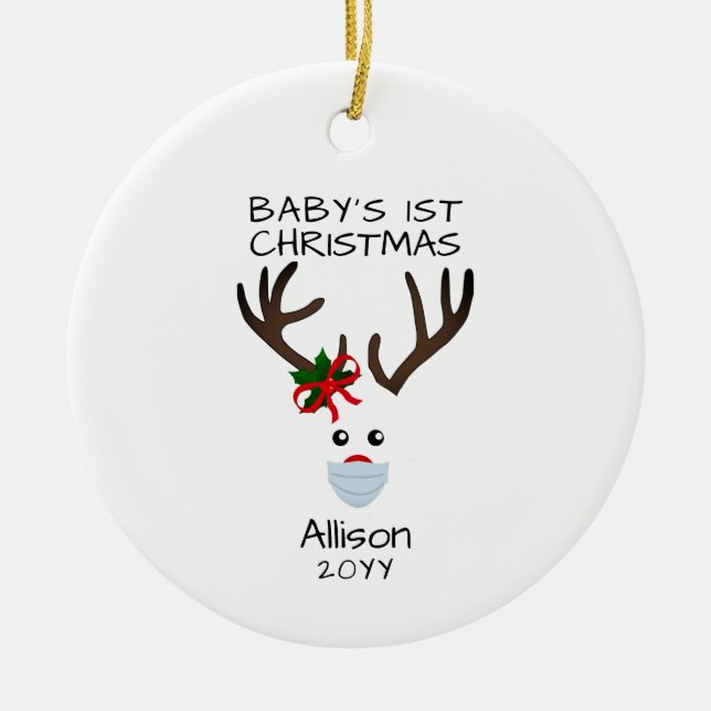 First Christmas Baby Girl Reindeer Personalisiert Keramik Ornament (Vorne)