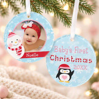 First Christmas Baby Girl Snowman Custom Foto Ornament