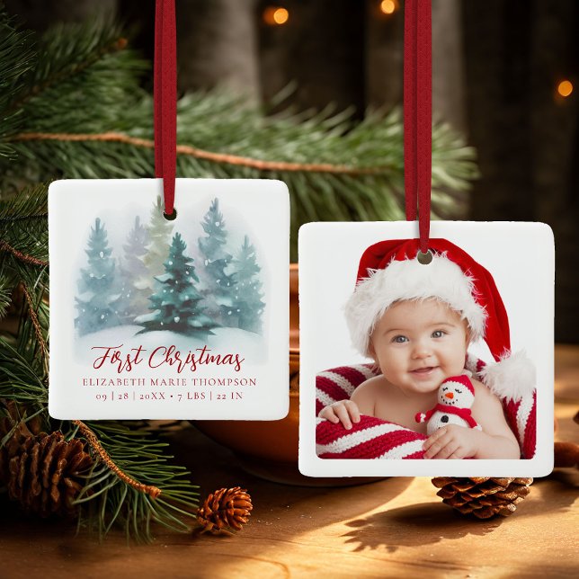 First Christmas Baby Name Snowy Woodland Photo  Keramikornament (baby first christmas ornament enchanted forest winter wonderland photo template red calligraphy)