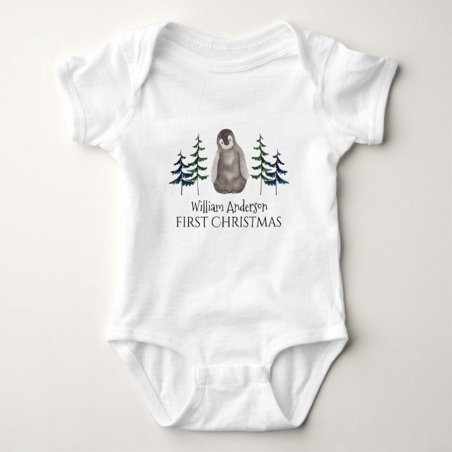 First Christmas Baby Penguin & Tree Personalisiert Baby Strampler (Vorderseite)