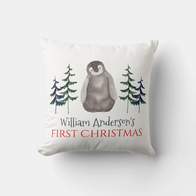 First Christmas Baby Penguin & Tree Personalisiert Kissen (Vorderseite)