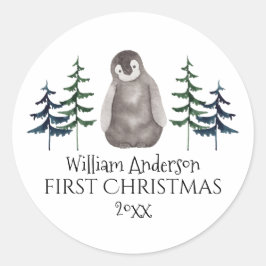 First Christmas Baby Penguin & Tree Personalisiert Runder Aufkleber