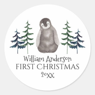 First Christmas Baby Penguin & Tree Personalisiert Runder Aufkleber