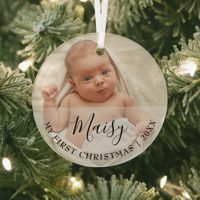 First Christmas Baby Photo Script Name Ornament Aus Glas (InSitu)