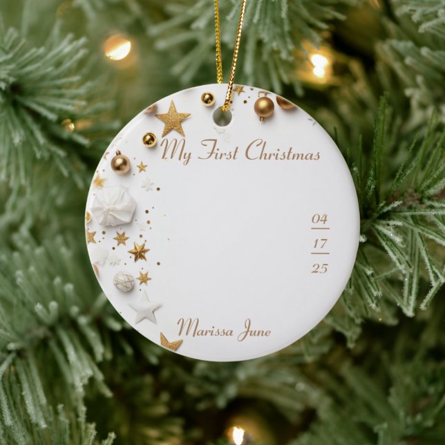 First Christmas Baby's Foot Prints Name Foto Star Keramik Ornament (Baum)