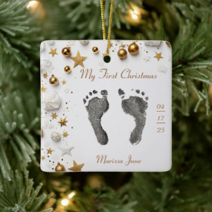 First Christmas Baby's Foot Prints Name Foto Star Keramikornament