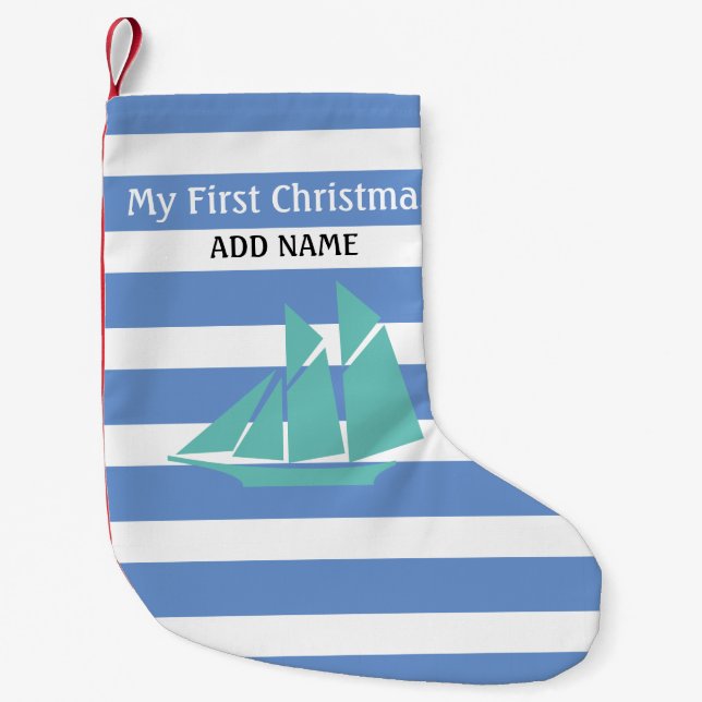 First Christmas Blue Baby Boy Nautical Monogram Kleiner Weihnachtsstrumpf (Vorderseite)