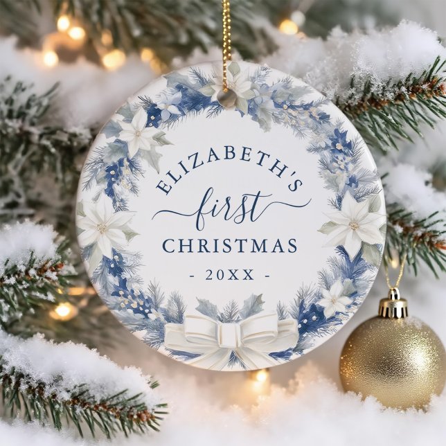 First Christmas Blue Rustic Wreath Keramik Ornament (Von Creator hochgeladen)