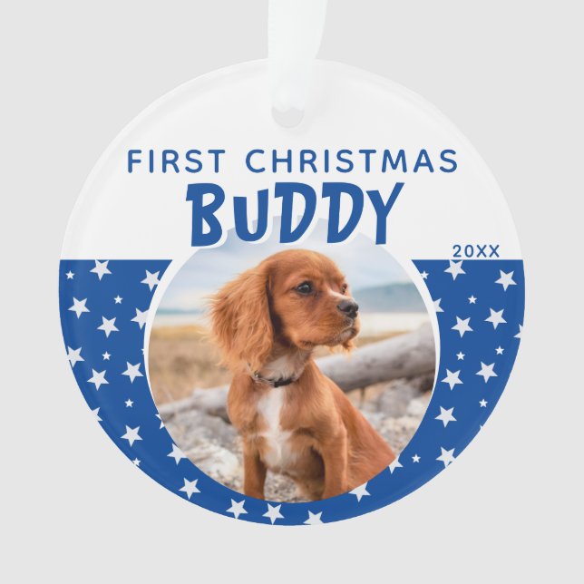 First Christmas Blue Star Pattern Puppy Dodge Foto Ornament (Vorderseite)