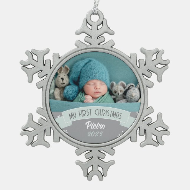 First Christmas Blush Green Baby Boy Foto Schneeflocken Zinn-Ornament (Vorderseite)