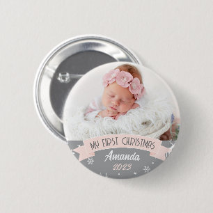 First Christmas Blush Pink Baby Girl Foto Button