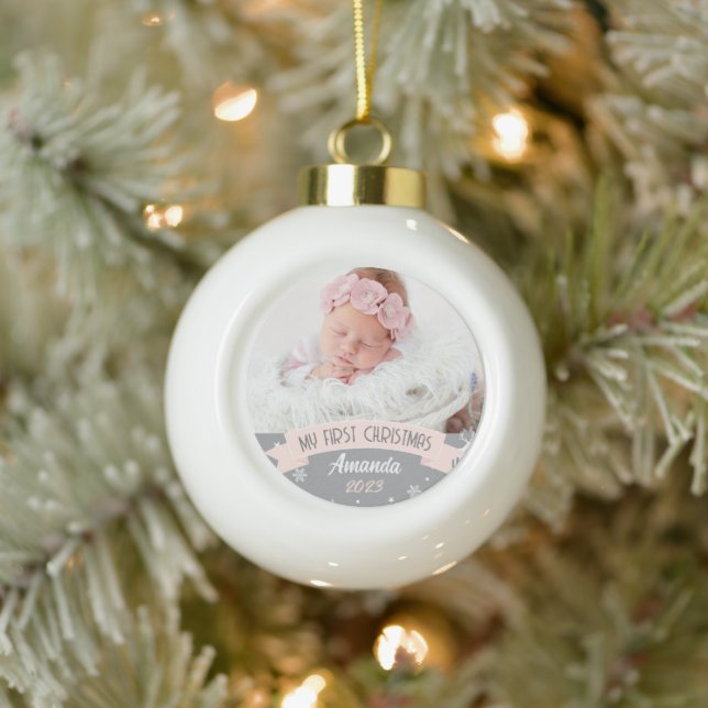 First Christmas Blush Pink Baby Girl Foto Keramik Kugel-Ornament (Baum)