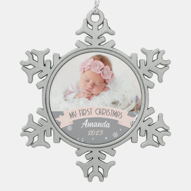 First Christmas Blush Pink Baby Girl Foto Schneeflocken Zinn-Ornament (Vorderseite)