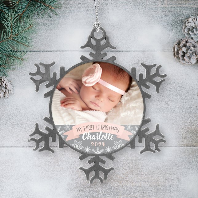 First Christmas Blush Pink Baby Girl Foto Schneeflocken Zinn-Ornament (Von Creator hochgeladen)