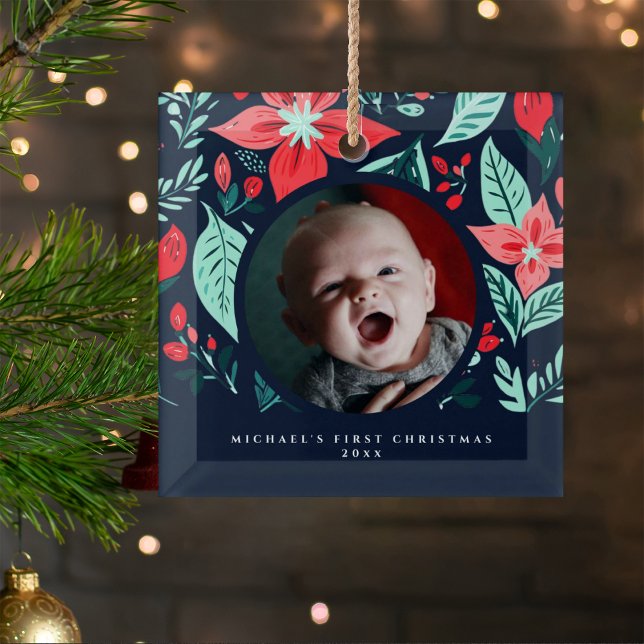 First Christmas Botanical Red Floral Blue Photo Ornament Aus Glas (Von Creator hochgeladen)